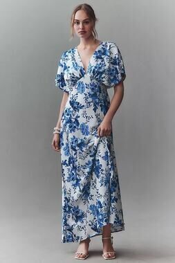 NEW BHLDN Leila Deep-V Flutter Sleeve Maxi Dress in Blue Floral Size 12